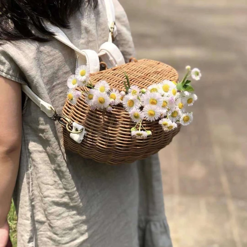 

Portable Rattan Basket Shoulder Bag with Long Strap Kids Woven Basket Bag Handwoven Picnic Messenger Bag Photography