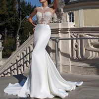 sexy charming mermaid wedding dresses 2021 high neck lace appliques zipper illusion sleeveless sweep train satin robe de mari%c3%a9e