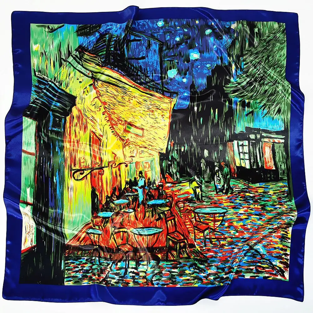 

AMYO 90CM Satin Silk Scarf for Women Hair Band Oil Painting Graffiti Printed Shawl Wrap Summer Neckerchife Lady Winter Shawl