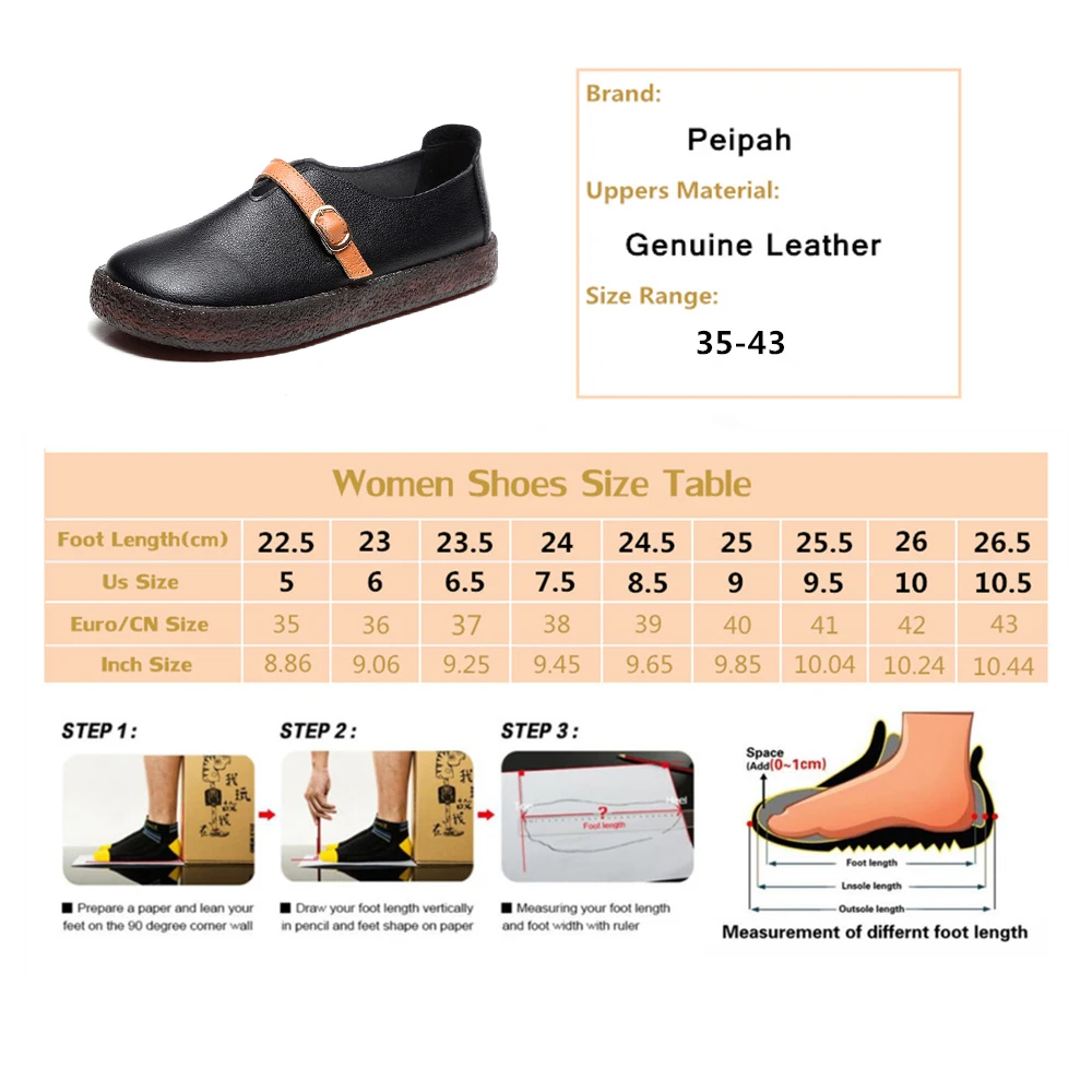 

PEIPAH Women's Shallow Loafers Genuine Leather Shoes Woman Slip On Ballet Flats Female Retro Footwear Ladies Plus Size Shoes