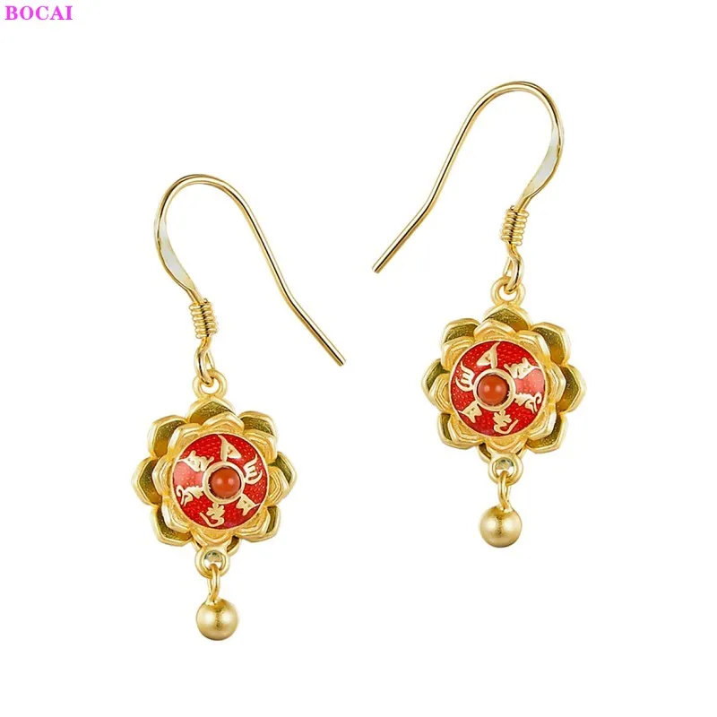 

BOCAI S925 Sterling Silver Earrings For Women Enamel Thai Silver Eight Petal Lotus Six Character Mantra Pure Argentum Ear Drop