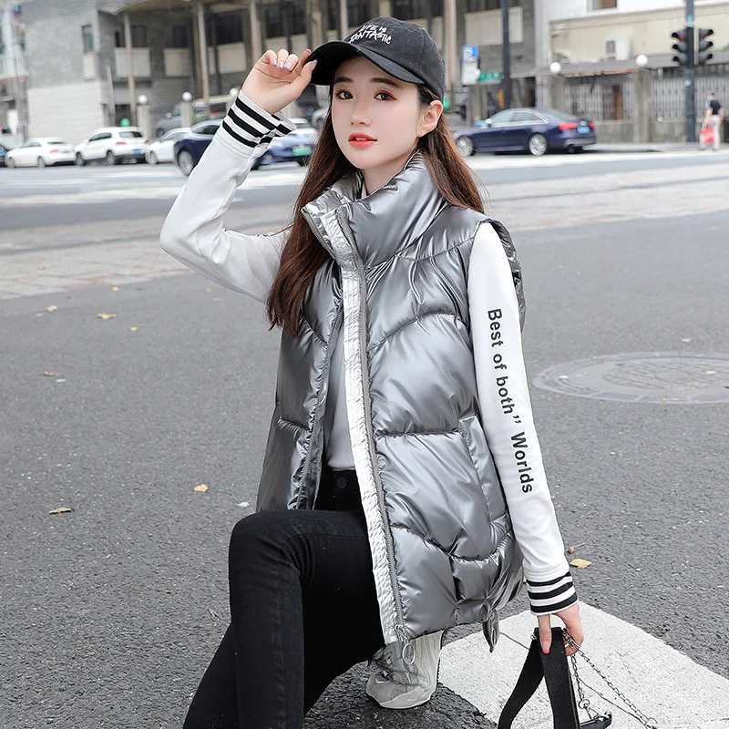 

#0421 Autumn Winter Sleeveless Jacket Shinny Surface Vest Coat Women Zipper Loose Warm Casual Vest Waistcoat Jacket Female Short