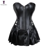 womens faux leather zipper front boned bustier corset dress plus size corsets top with skirt for party 829