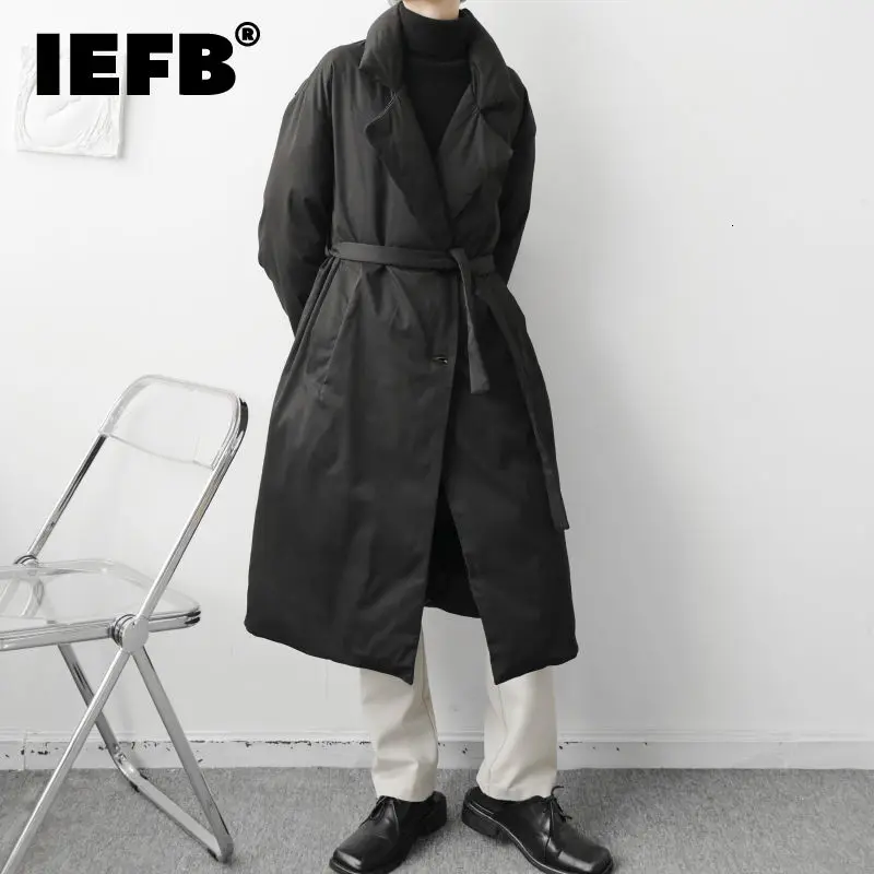 

Мужская стеганая куртка с большими лацканами IEFB, простая двухбортная куртка большого размера с поясом, новинка зимнего сезона 2021, свободная...