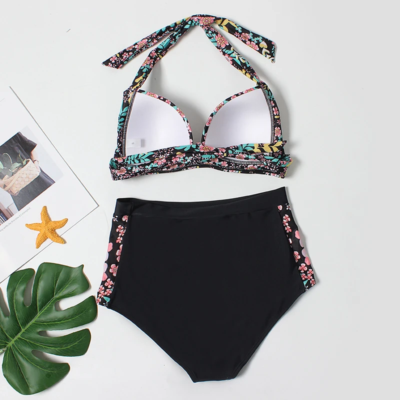 Купальник женский раздельный однотонный из полиэстера и спандекса с высокой