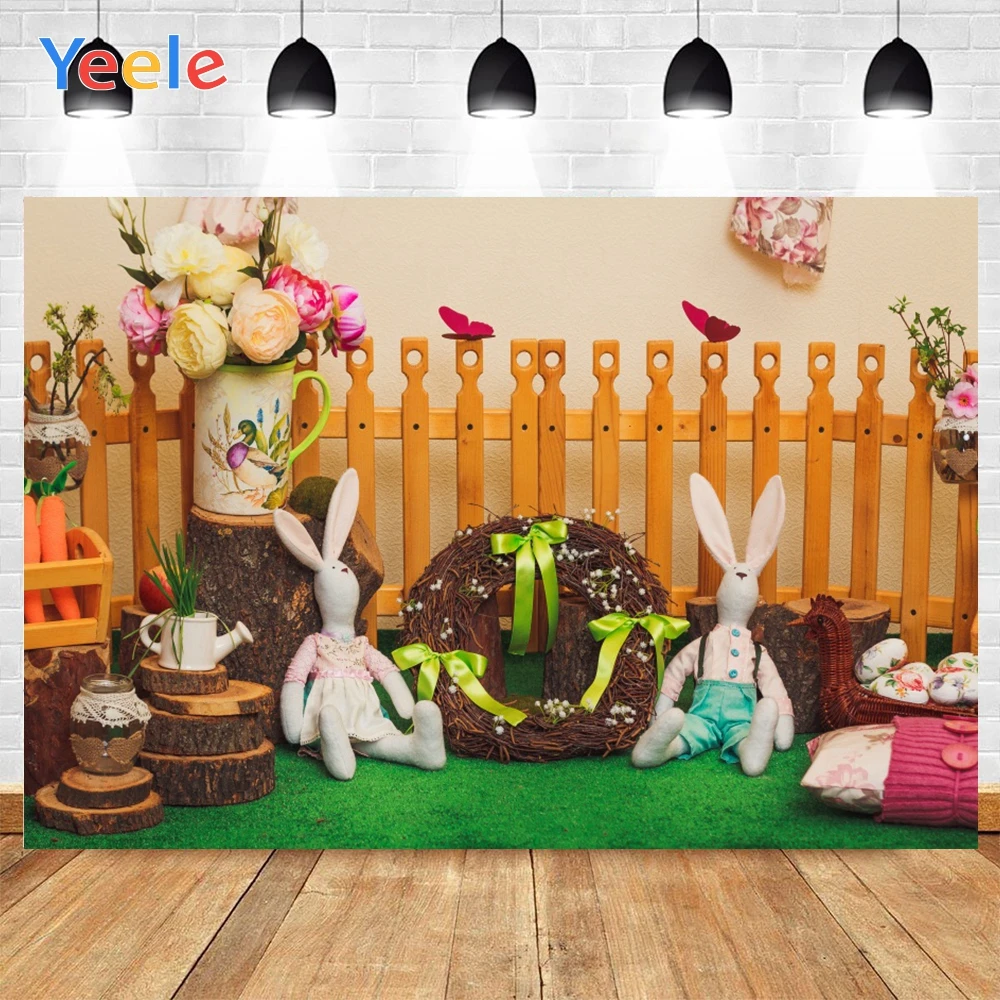 

Yeele Happy Easter Rabbit Wood Fence Pillar Wreath Flower Egg Background Photography Baby Photo Studio for Decor Customized Size