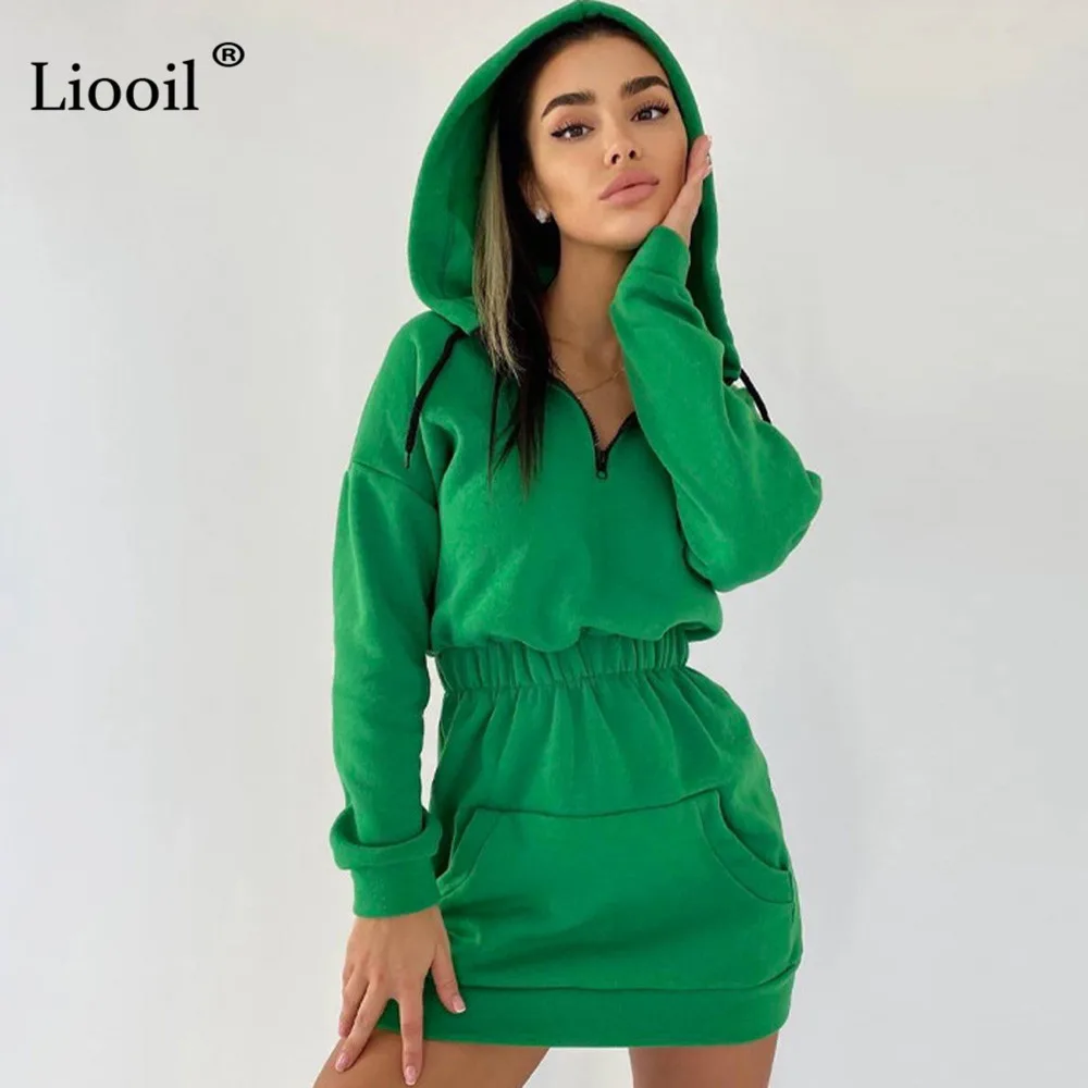 

Sexy Hooded Sweatshirt Mini Dress Women Black Green With Pockets Autumn 2021 Streetwear Long Sleeve Zip Up Jogger Short Dresses