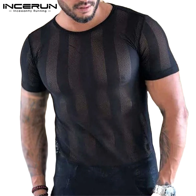 INCERUN-Camiseta a rayas de malla transparente para hombre, Camisetas sexys de manga corta con