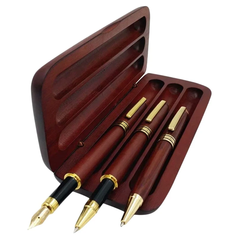 

3 Pcs Wooden Pens Set with Pen Gift Case Writing Fountain Pen Fancy Ballpoint Pen and Luxury Gel Pen with Ink Refills