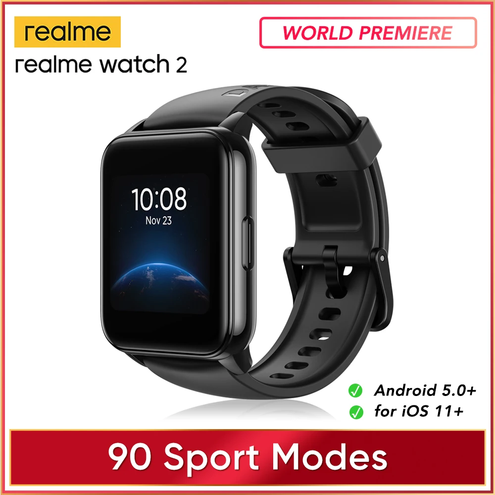 Новый realme Watch 2 Smart Watch 90 спортивных режимов 12 дней Срок службы батареи уровень кислорода в крови и частоты сердечных сокращений монитор IP68 Водонепроницаемый Смарт часы