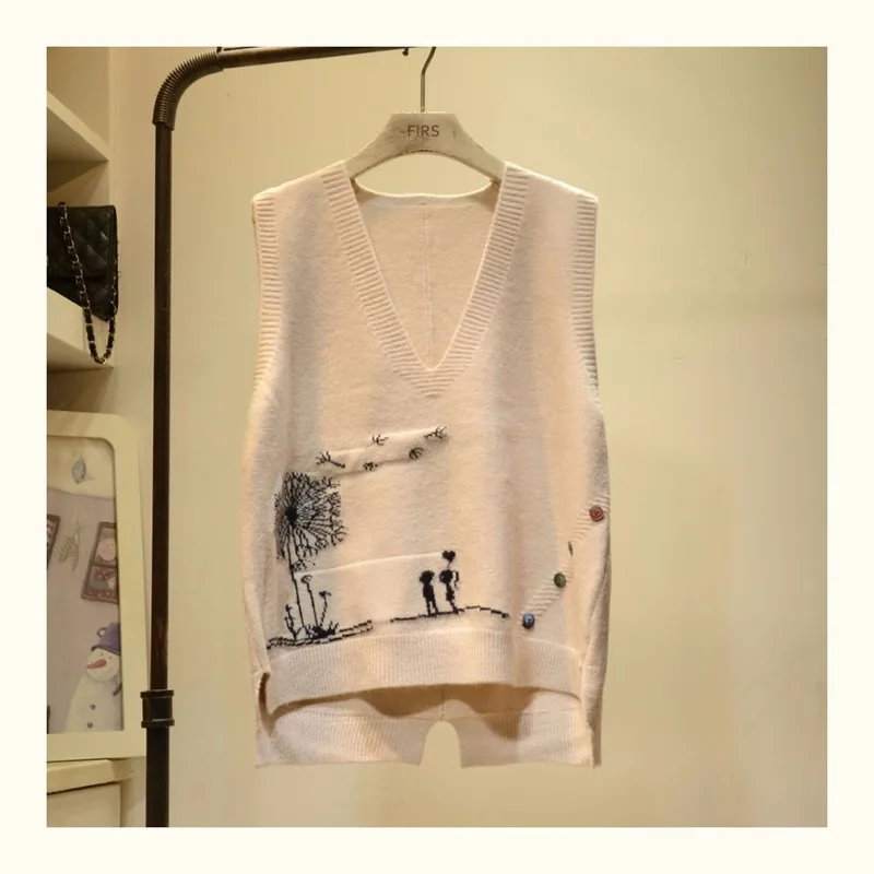 

Bottoming Pullover Sweater Vest Women 2020 Embroidered V-neck Knitted Sweater Vest Femal Cartoon Pattern Frill Loose Sleeveless