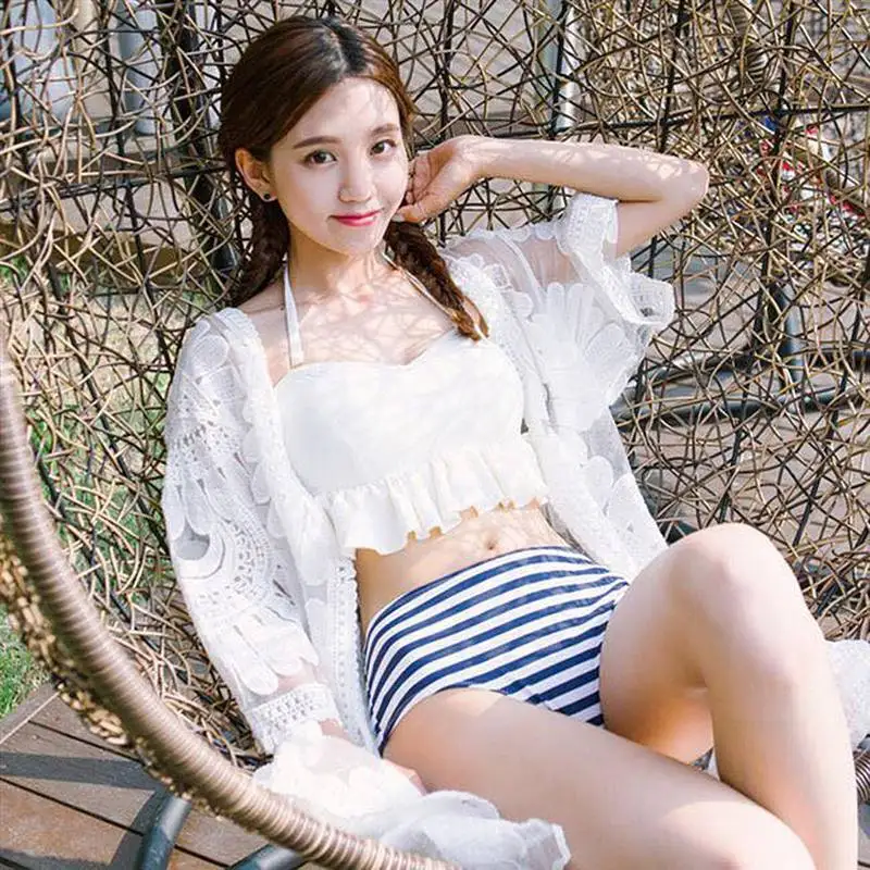 

Summer Dress Beach Swim Suit Cover Up Cotton Sunflower Lace Thin Hollow Crochet Medium and Long Seven-sleeve Sunscreen Shirt