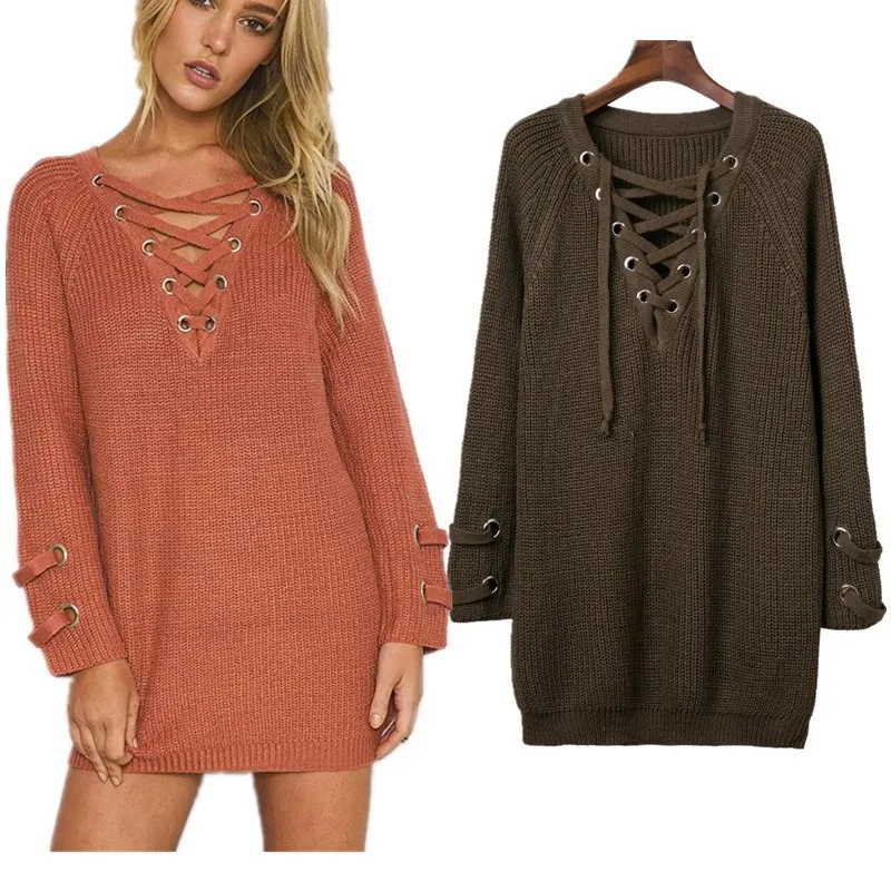 

2018 Autumn Christmas Sweater Pullovers Women Knitted Lace-up Sweaters Striped Bandage Knitwear Loose Casual Long Jumpers female