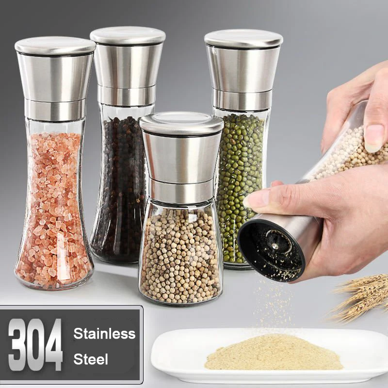 

1PCS Portable Stainless Steel Mill Glass Body Spice Salt and Pepper Grinder Kitchen Accessories Cooking Tool