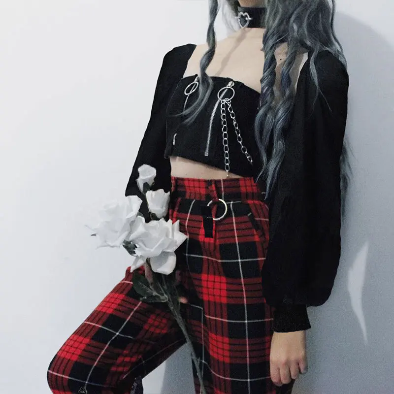 JIEZuoFang Готическая длинная футболка с пышными рукавами для женщин Harajuku панк черный