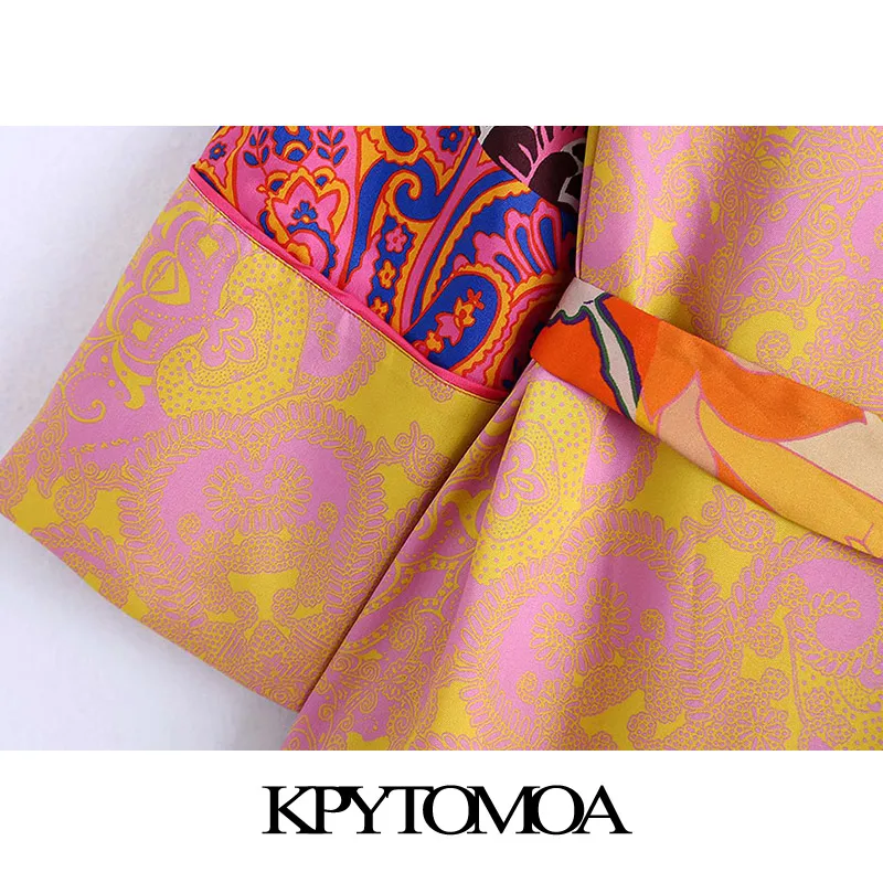 

KPYTOMOA Women 2021 Fashion With Belt Printed Kimono Blouses Vintage Long Sleeve Side Vents Female Shirts Chic Tops