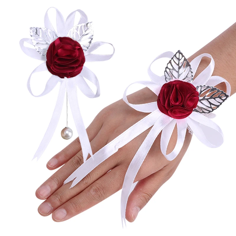 

American Bride and Bridesmaid Wrist Flower Simulation Rose Flower Ribbon DIY Groom Corsage Wedding Props XH074