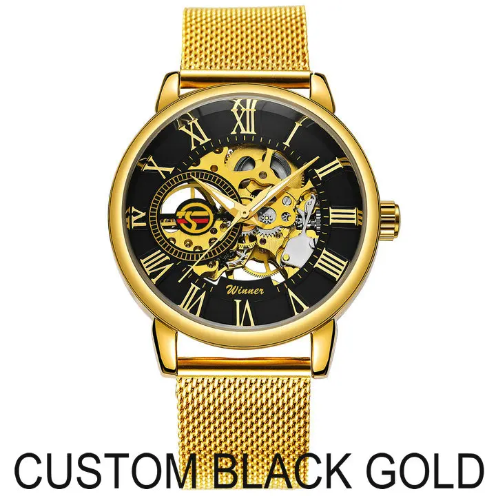 CUSTOM BLACK GOLD FORSINING, синие мужские часы, Топ бренд, роскошные механические часы со скелетом, мужские Ультра тонкие сетчатые часы с ремешком, модные повседневные наручные часы - Цвет: CUSTOM BLACK GOLD