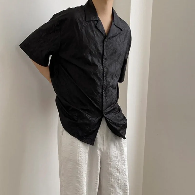 

Summer Pleated Shirts Men's Fashion Black Casual Shirts Men Streetwear Korean Loose Short-sleeved Shirts Mens Dress Shirts M-XL