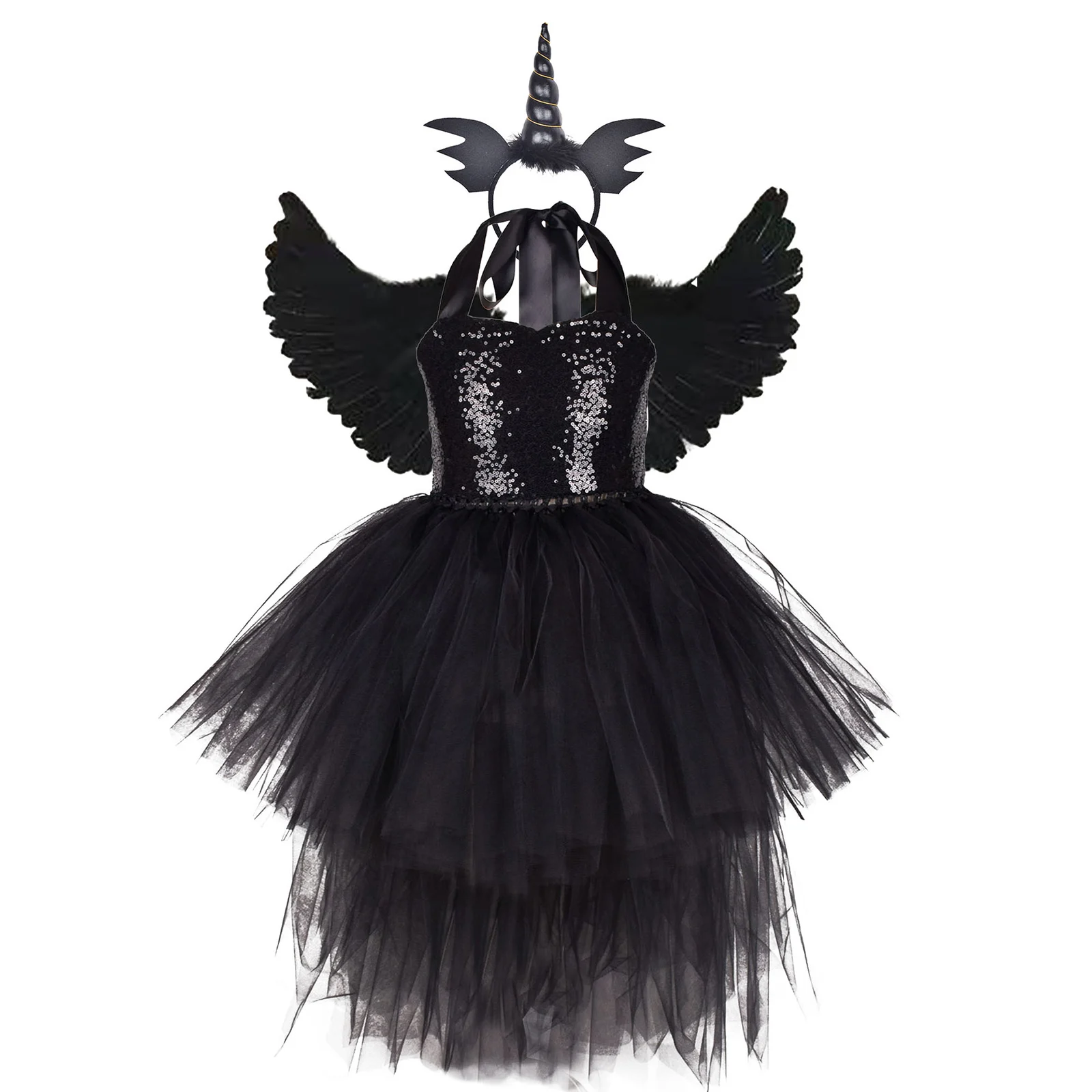 

Kids Girls Sequins Tulle Tutu Dress With Angel Wings And Headband Set For Halloween Vampire Cosplay Party Performance Dress Up