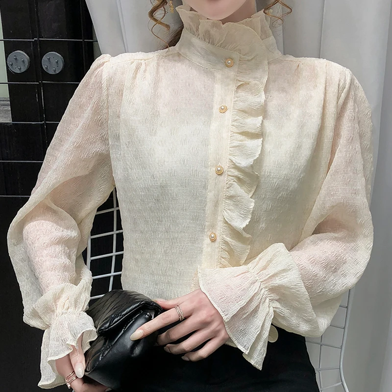 

2022 Autumn Embossed Ruffle Blouse Solid Flared Sleeve Chiffon Shirt Slim Long-sleeved O-neck Pleated Button Blouse Women 16851