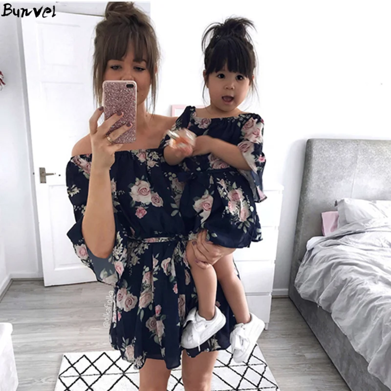Bunvel одежда для мамы и дочки летнее платье с вырезом лодочкой винтажная