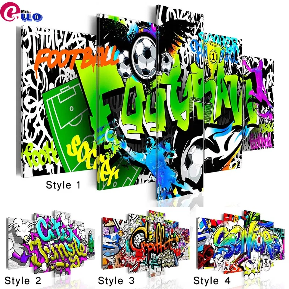 

Full Drill Square/Round Diamond Painting Embroidery 5 Pieces Creative Abstract Colorful Graffiti Football Modern Home Decoration