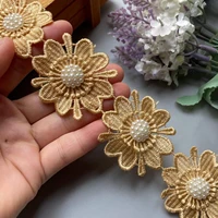 new 10x gold double layered pearl flower handmade lace trim ribbon beaded embroidered applique dress diy sewing craft 5cm x 5cm
