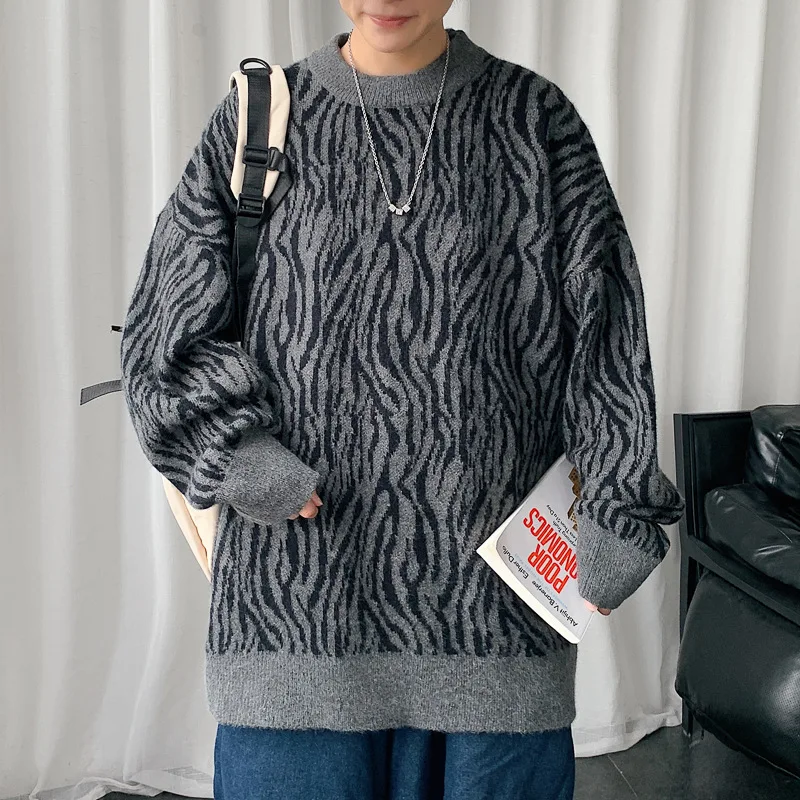 

Couple Personality Zebra Print Sweater Men Spring and Autumn New Round Neck Sweater Harajuku Style Pullover Knit Sweater