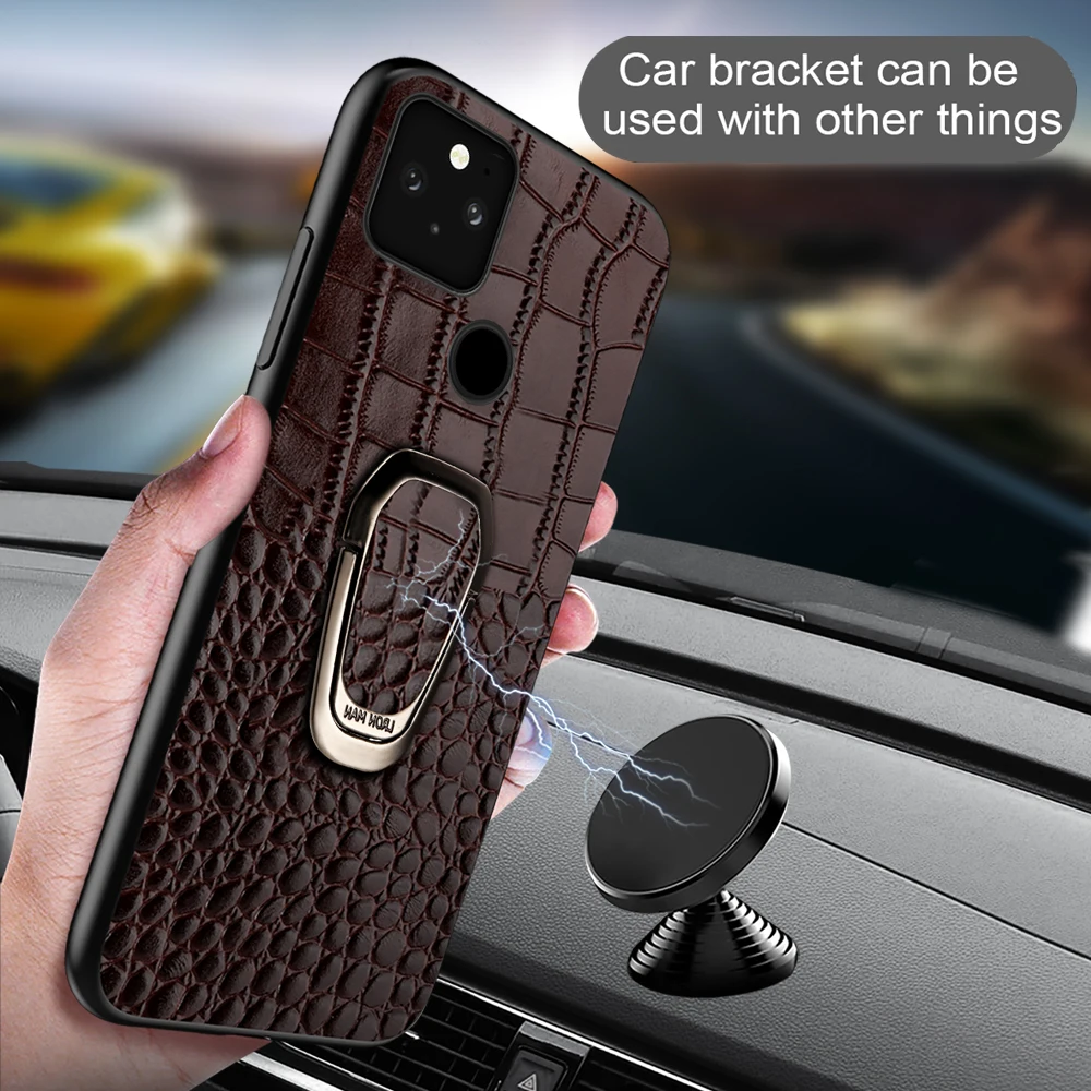 genuine leather phone case for google pixel 6 pro 5 4 4a 5a 5g crocodile texture magnetic kickstand ring holder armor back cover free global shipping