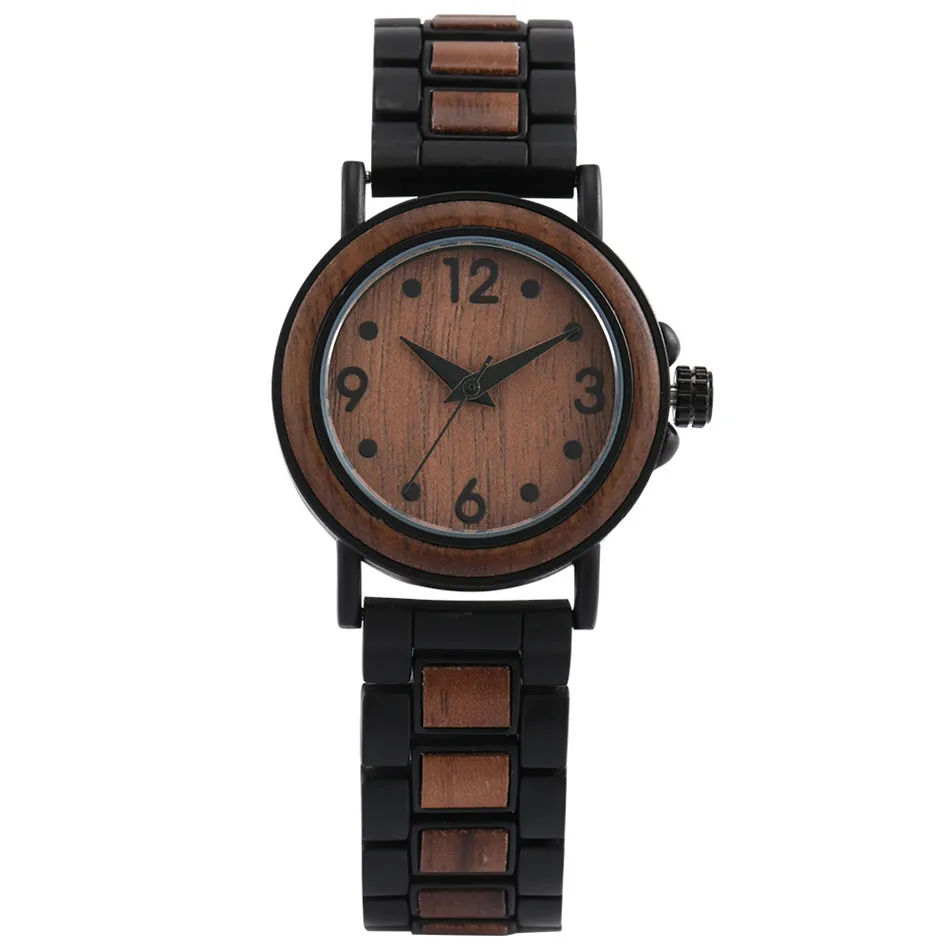 

Trendy Black Stainless Steel Wooden Design Women's Watches Stylish Small Dial Quartz Ladies Bracelet Wristwatch Female Timepiece