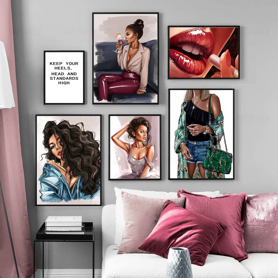 

Fashion Girl Illustration Smoking Lip Wine Wall Art Canvas Painting Nordic Posters And Prints Wall Picture For Living Room Decor
