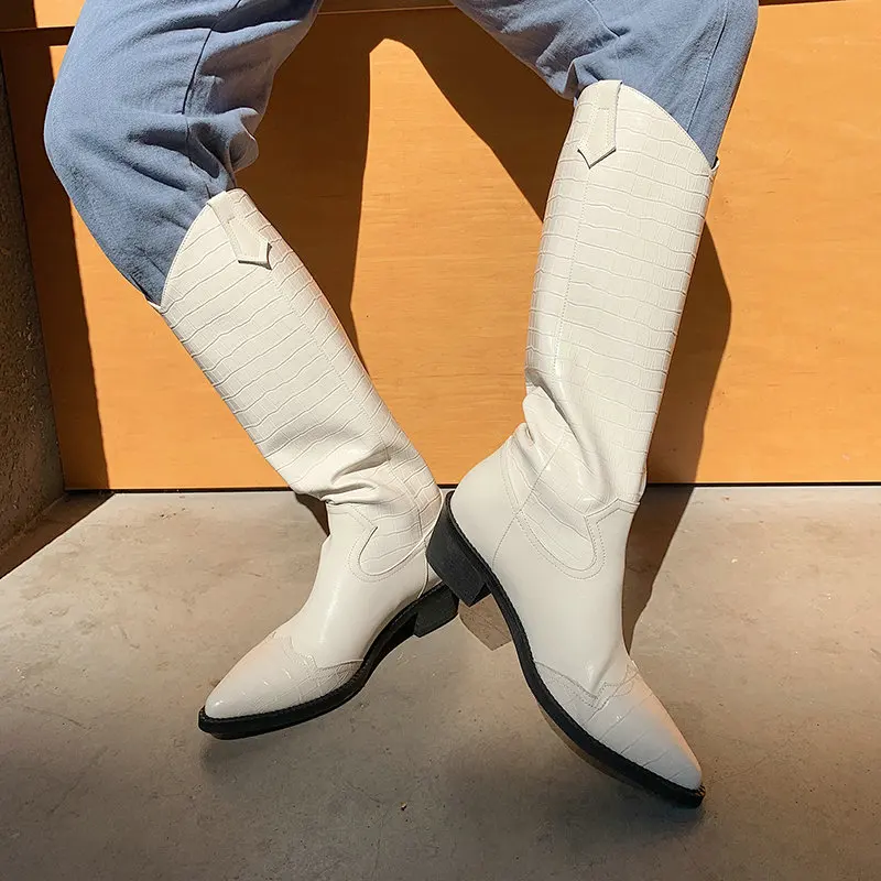 

ESVEVA 2021 Pointed T PU Leather Classic Fashion Square Med Heel Knee High Boot Black Platform Women Boots Zipper Big Size 34-39
