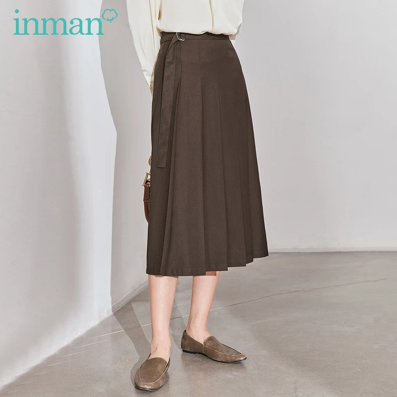 INMAN весна осень Ретро стиль высокая талия пояс плиссированная свободная тонкая