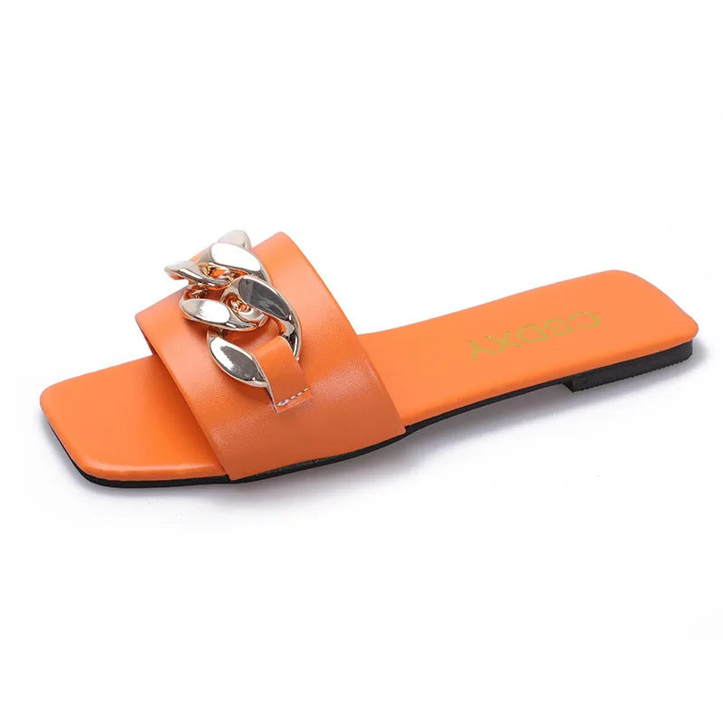 

2021 Summer Women Slipper Square Toe Fashion Chain Decoration Slippers Slip on Flat Sandals Casual Vacation Beach Shoe Ladies