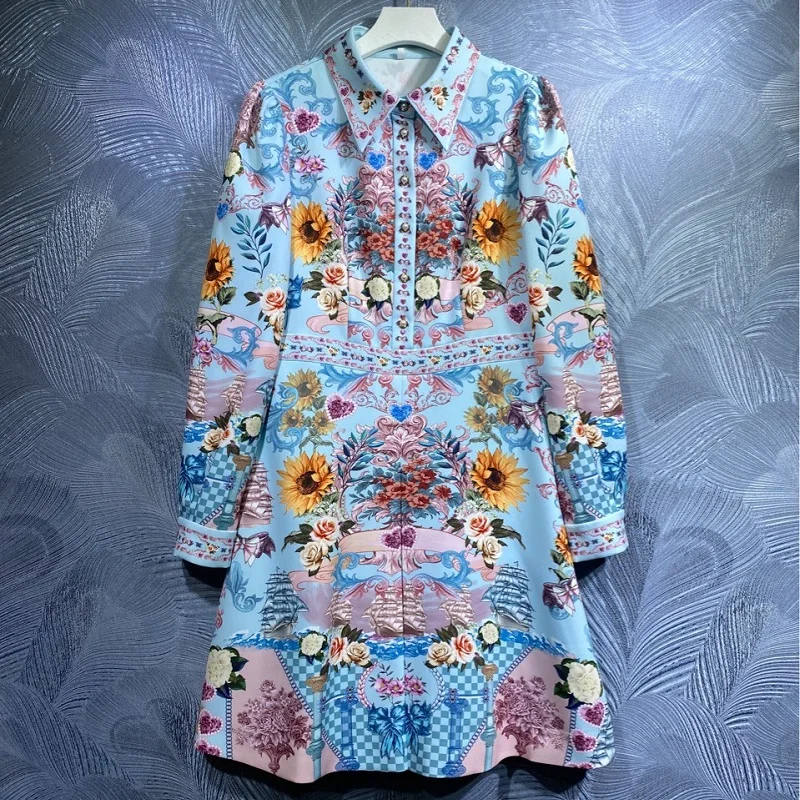 

Top Quality Women's Dress 2021 Autumn Winter Style Ladies Turn-down Collar Charming Flora Print Long Sleeve Casual Blue Dress