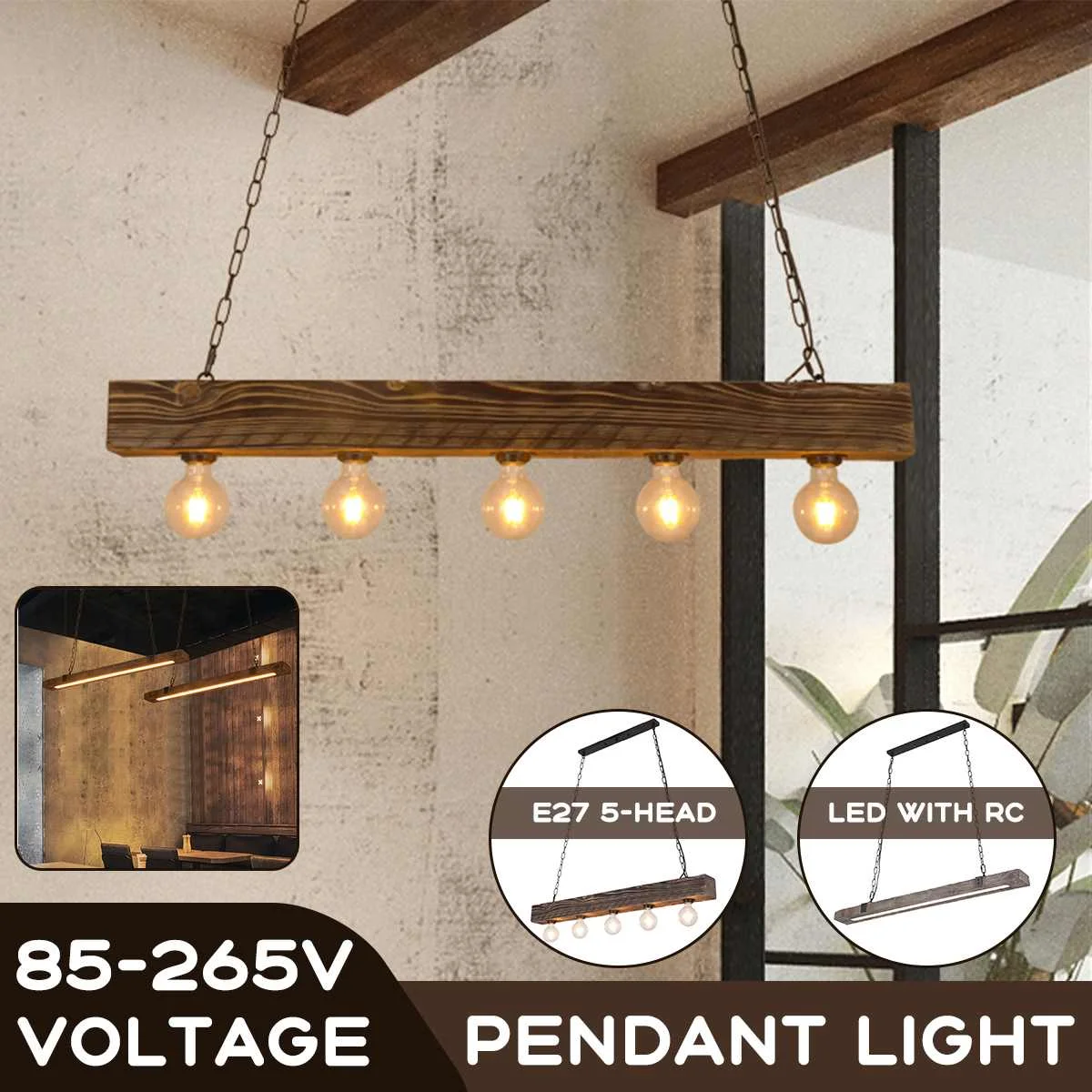 

E27/LED Industrial Wooden Pendant Light Ceiling Light Dining Room Chandelier Modern Long Dining Table Bar Office Hanging Lamp