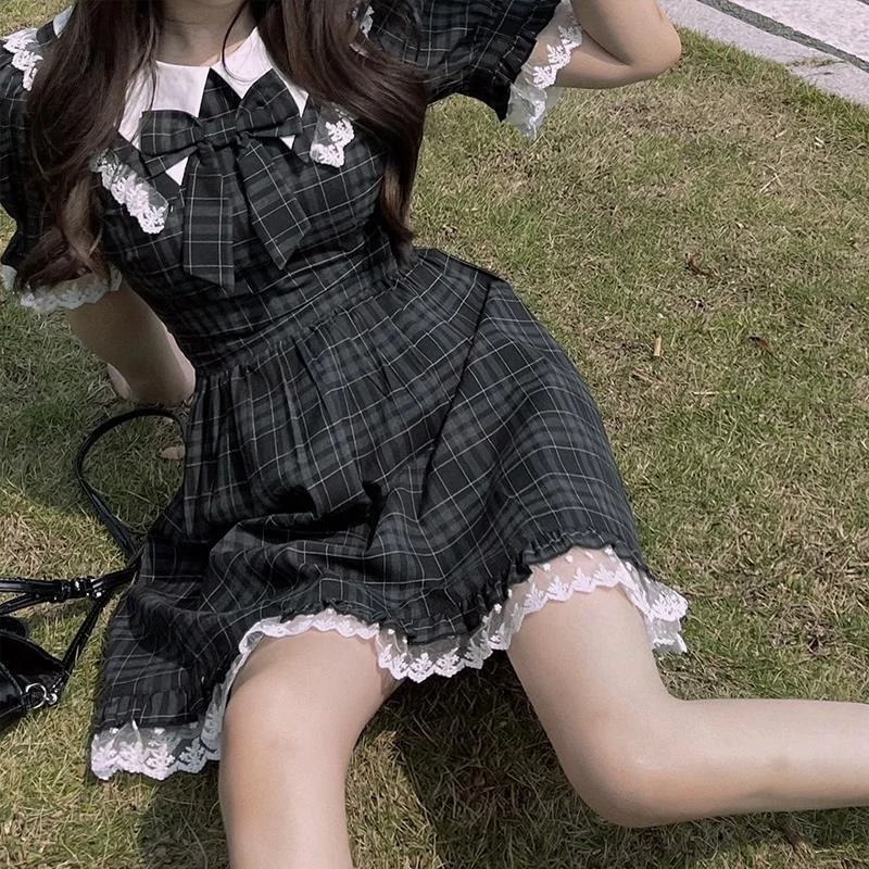 Retro Plaid Lolita Skirt Summer New Waist Waist Was Thin Japanese College Style Lace Sweet Dress Women