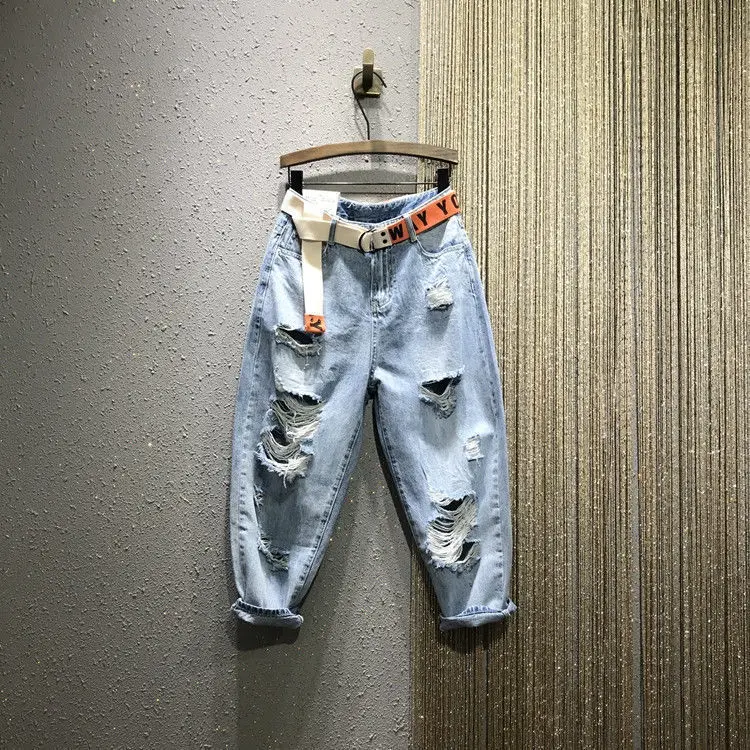 

2021 New Arrival Summer European Style Women Casual Cotton Denim Calf-length Pants Button Fly Waist Hole Design Harem Pants W480