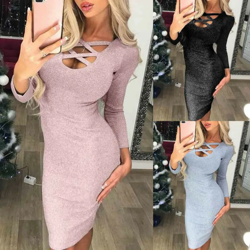 Новинка 2020 женское облегающее платье блестящее с длинным рукавом и V образным