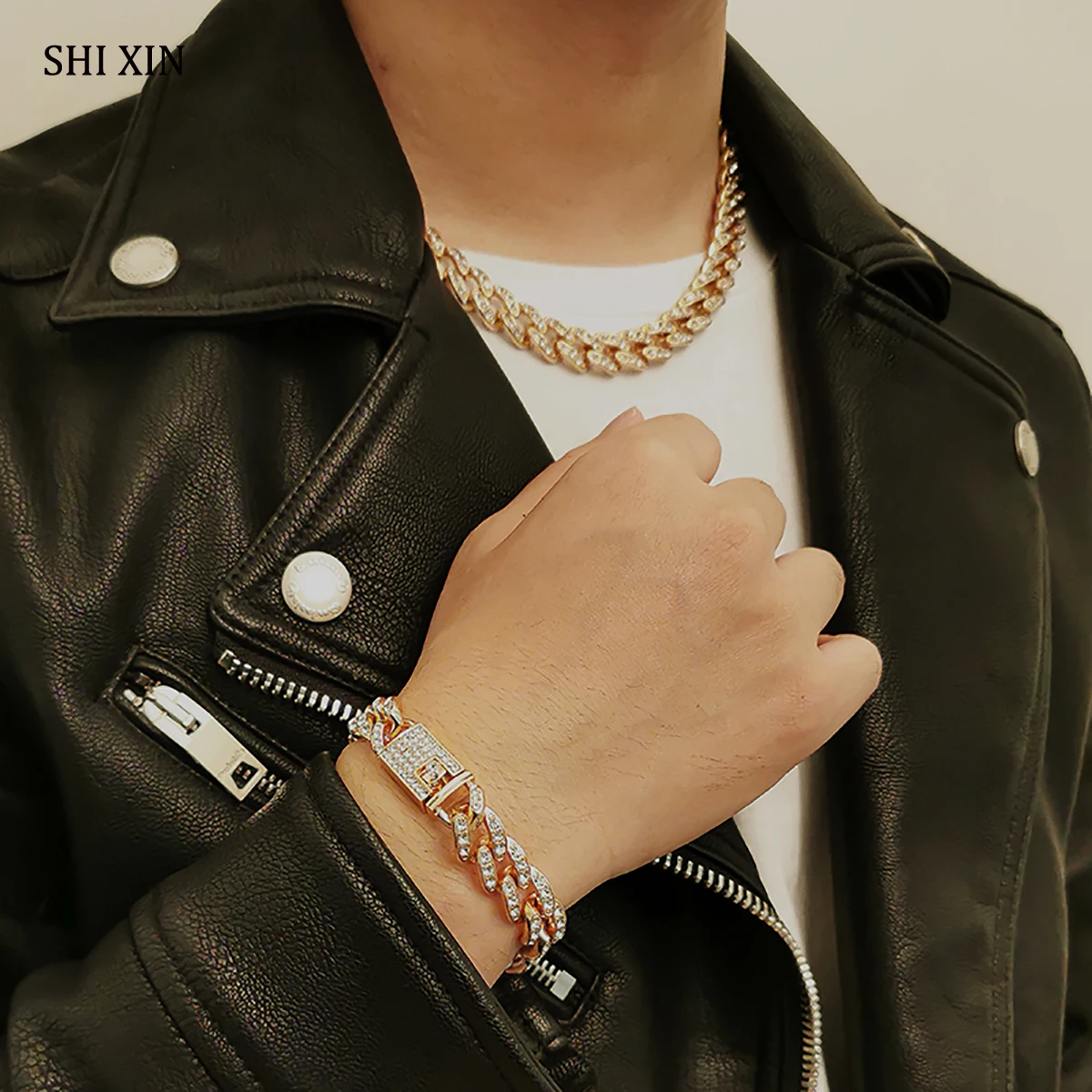 

SHIXIN Hip Hop Iced Out Cuban Link Chain Men/Women Necklace/Bracelet Jewelry Set Statement Rhinestone Choker Necklace Hand Chain