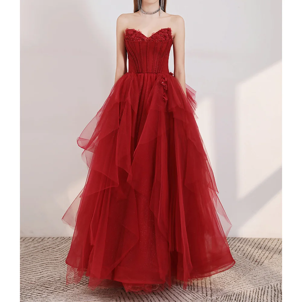 

Dark Red Evening Dresses Strapless Layers Tulle Ball Gown Prom Dresses Applique with Beads