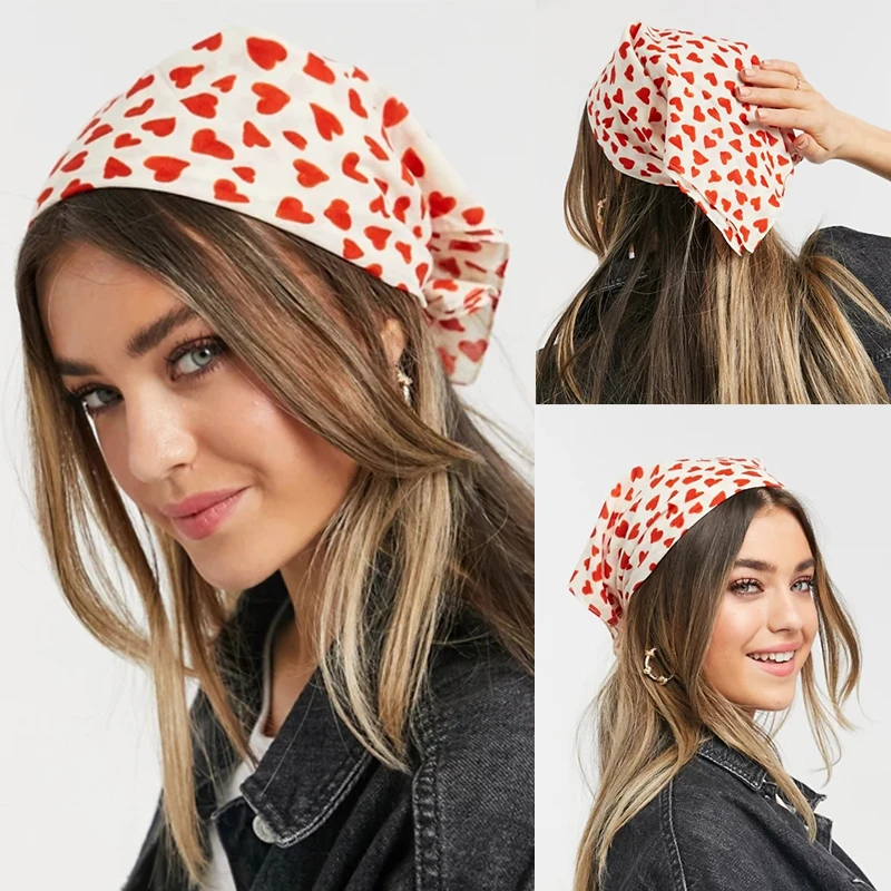 

Lystrfac Heart Print Hair Scarf Women Ribbon Bow Square Headscarf Female Headband Hair Tie Bandana Headwear Hair Accessories