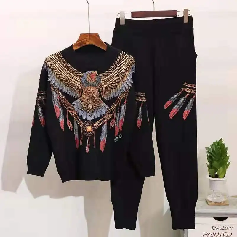 Autumn New 2 Piece Set Women Eagle Embroidery Knitted  Sweaters Winter Clothes Two Piece Set Tops Pants Casual Ladies Tracksuits