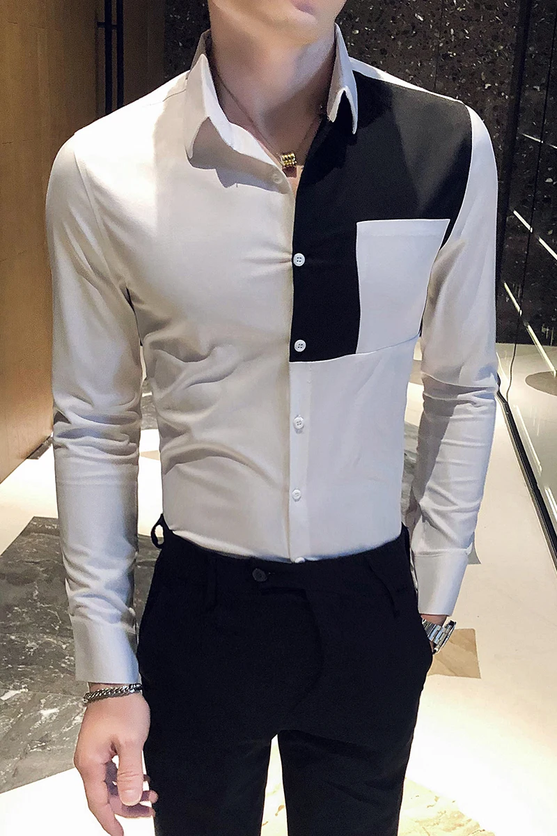 

2021 New Splicing Shirts Men Business Casual Dress Shirt Long Sleeve Slim Fit Streetwear Chemise Homme Social Party Men Clothing
