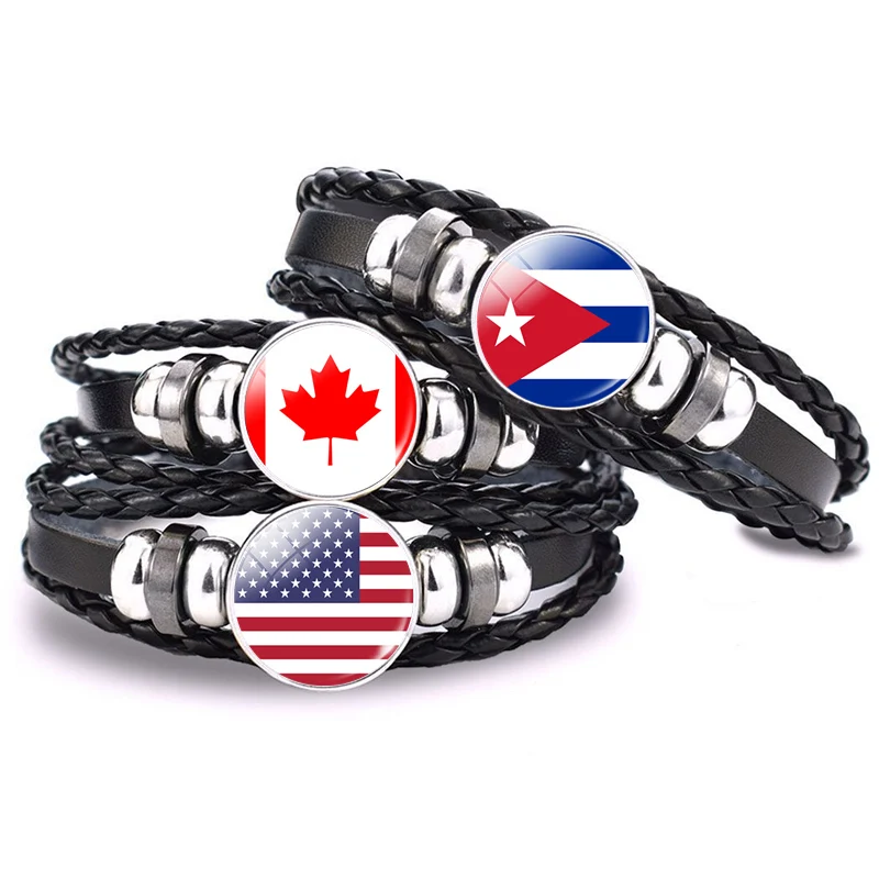 

North America Flag Bangle Canada America Mexico Jamaica Bahamas Cuba Barbados Flag Glass Cabochon Button Black Leather Bracelet
