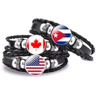 Браслет с флагом Северной Америки, Канада, Америка, Мексика, Ямайка, Багамы, Куба, флаг Барбадоса, стеклянный кабошон, кнопка, черный кожаный браслет