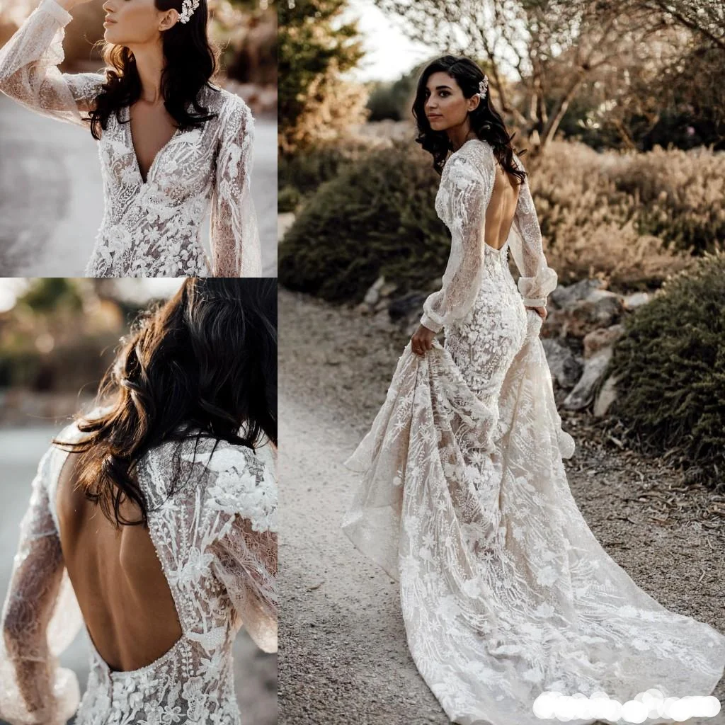 

Bohemian Wedding Dresses With Long Sleeve 2021 V-neck Lace 3D Floral Applique Crochet Beaded Flowy Skirt