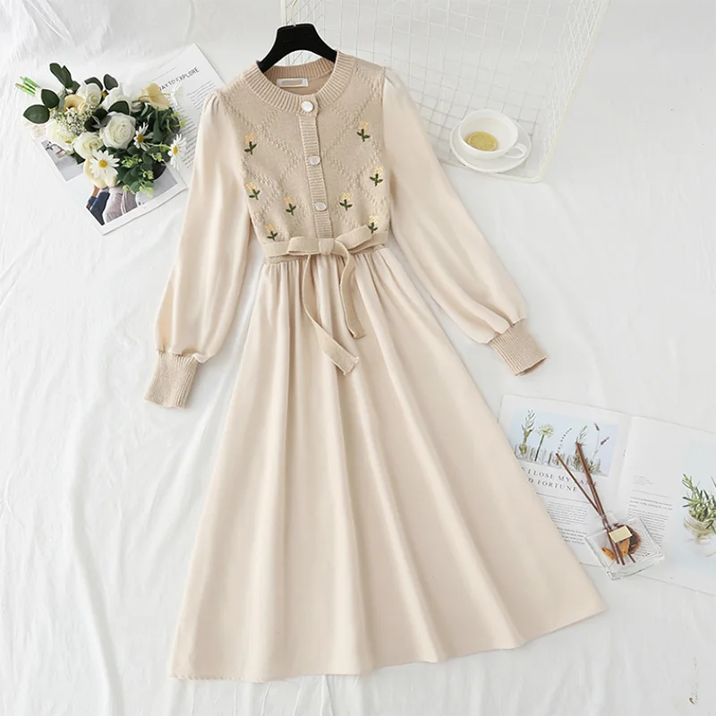 

Knitting Midi Dresses for Women 2022 Korea Style Slim Sweet Embroidery Corduroy Long Sleeve Party Woman Dress Autumn Winter