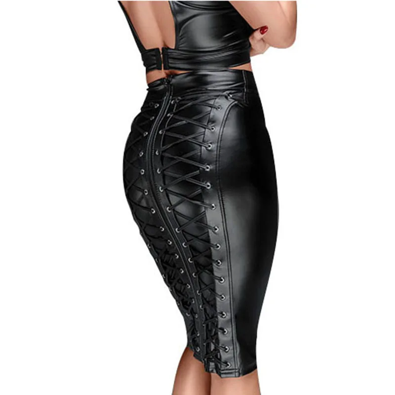 

Womens Knee Length Wet Look Plus Size Black PU Leather Skirt 2019 Back Lace Up Zipper Bandage Bodycon Faux Leather Skirts Ladies